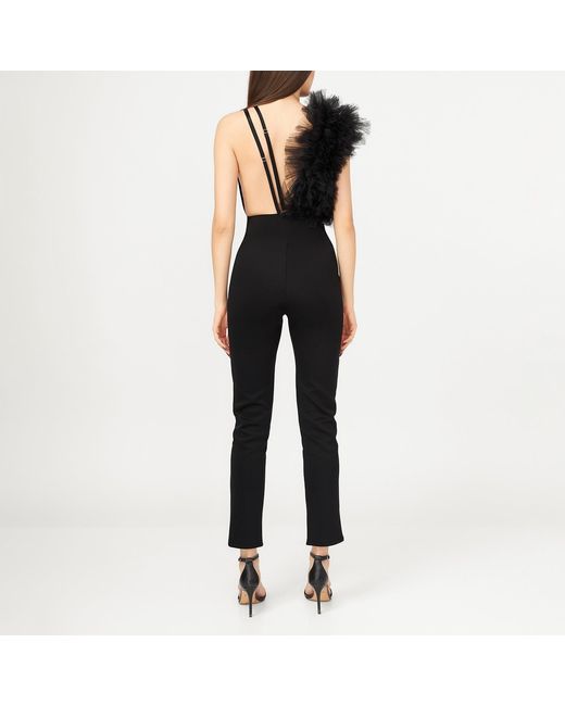 LIA ARAM Black Lace Asymmetric Ruffled Bodysuit