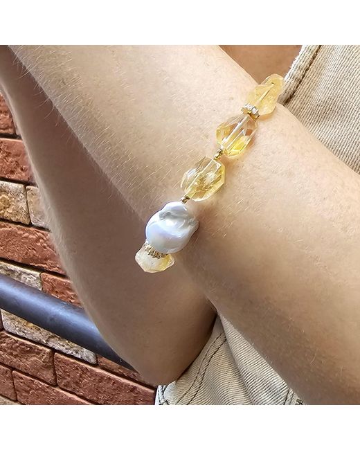 Farra Metallic Faceted Citrine With Baroque Pearl Adjustable Bracelet