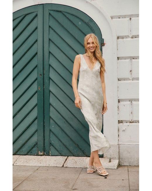 Lily Rou White Neutrals Silk Coral V Neck Maxi Slip Dress