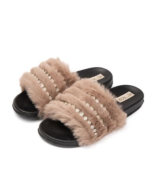 Rettrose Multicolor Anita Mink Luxury Plush Diamanté Embellished Handmade Sliders