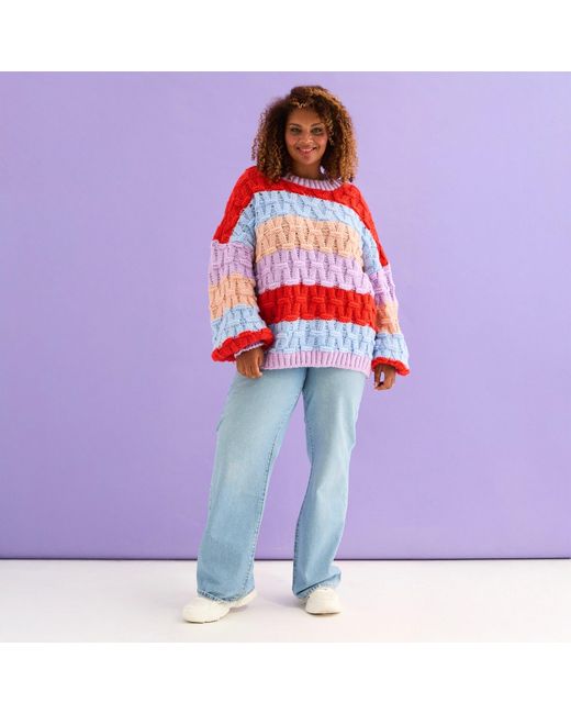 Cara & The Sky Red Mandy Criss-Cross Stitch Balloon Sleeve Stripe Jumper