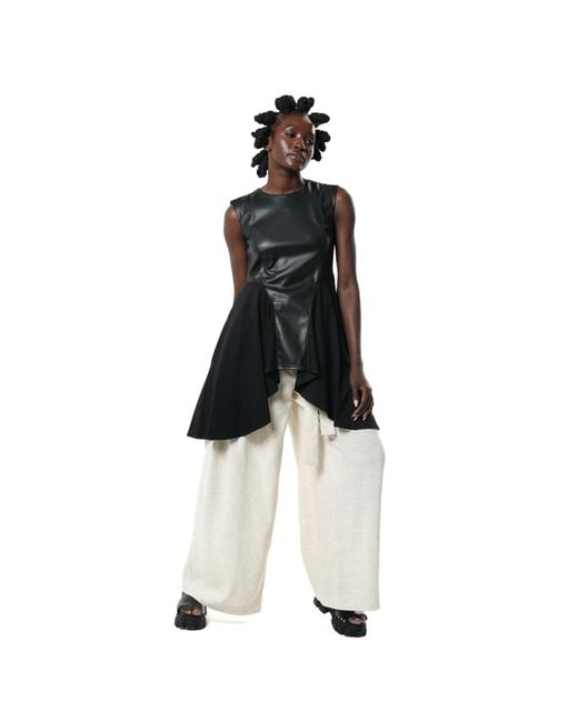 Metamorph Black Sleeveless Asymmetric Top With Vegan Leather