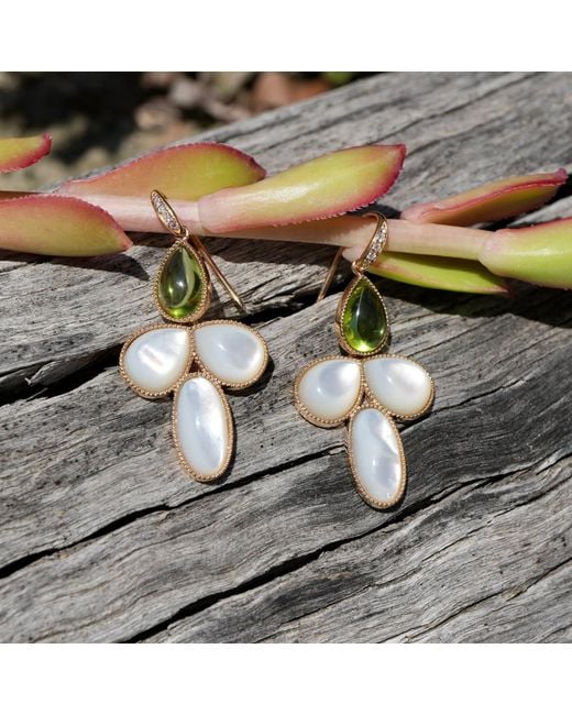 Kai Fine Jewelry Blue Solid Natural Peridot & Mother Of Pearl Diamond Snowdrop Flower Convertible Drop Earrings