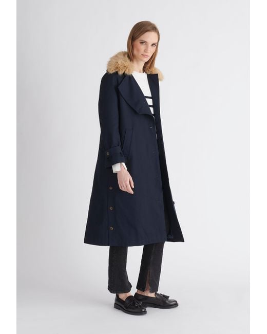 Paisie Faux Fur Collar Coat In Navy in Blue Lyst