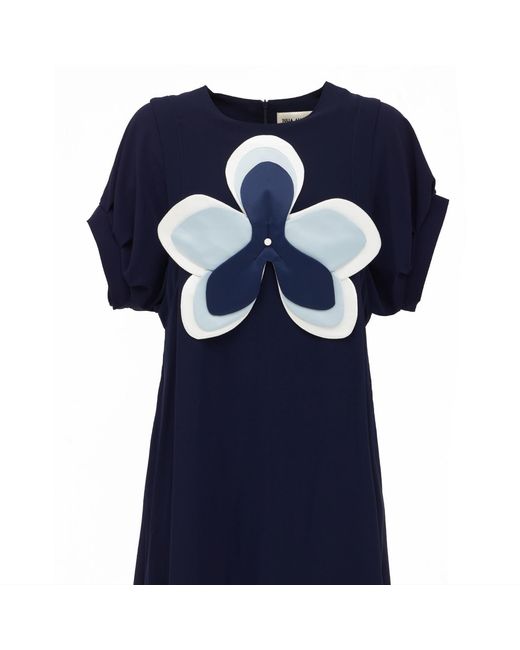 Julia Allert Blue Silky Touch Midi Dark Dress With Handmade Floral Appliqué
