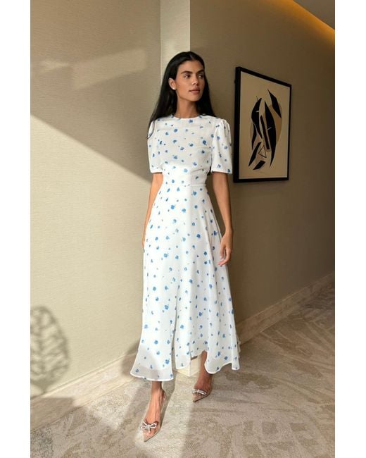 POST MERIDIEM White Printed Short Sleeve Floral Midi Dress