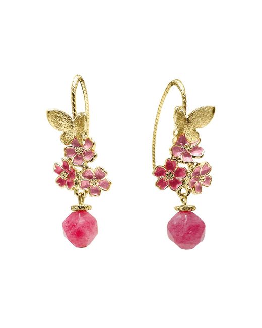 Farra Metallic Glazed Flower With Pink Gemstone Dangle Earrings