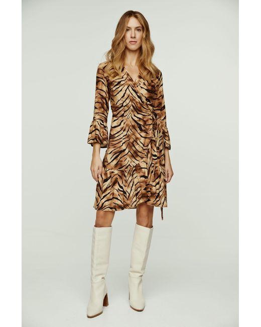 Conquista Brown Tiger Print Viscose Wrap Dress With Bell Sleeves