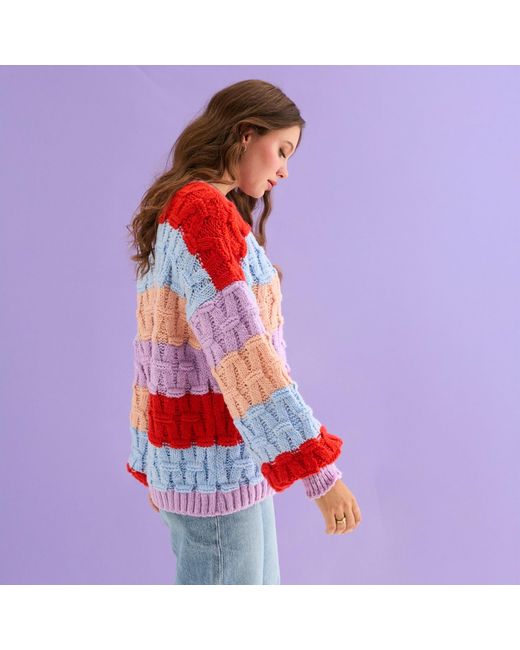 Cara & The Sky Red Mandy Criss-Cross Stitch Balloon Sleeve Stripe Jumper