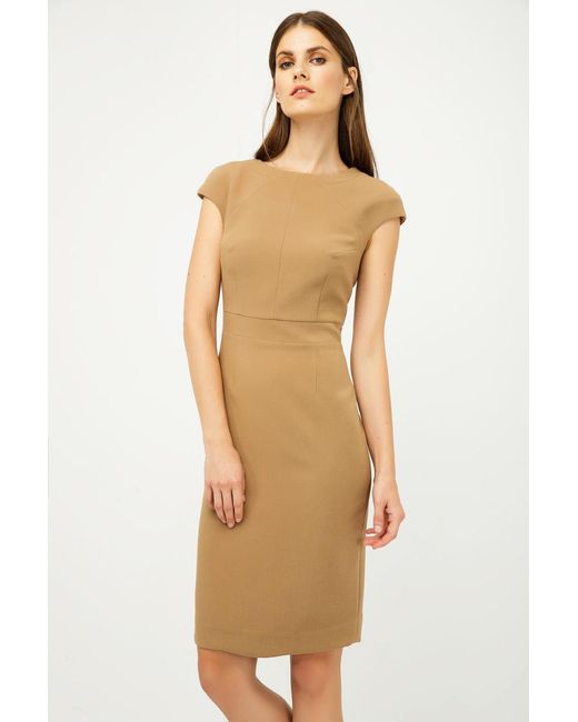 Conquista Natural Solid Colour Dress With Cap Sleeves Camel Color
