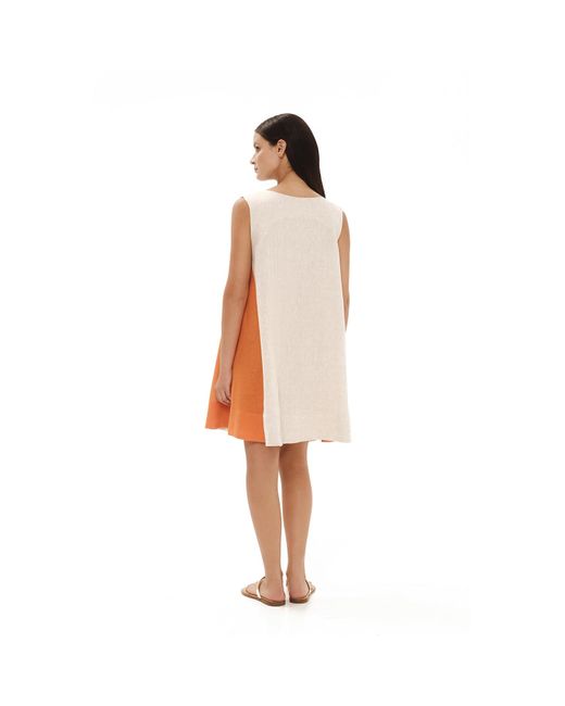 Haris Cotton Natural A Line Cami Linen Dress With Color Block Panels Orange Beige