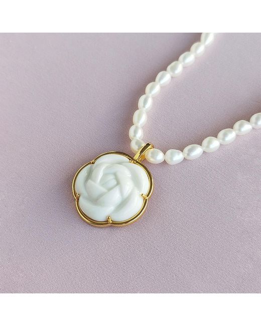 POPORCELAIN Metallic Porcelain Camellia Pearl Necklace