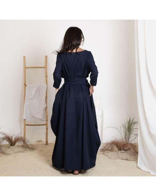 Nikka Place Blue Maxi Linen Kaftan Dress With Tie And Bracelet Sleeves