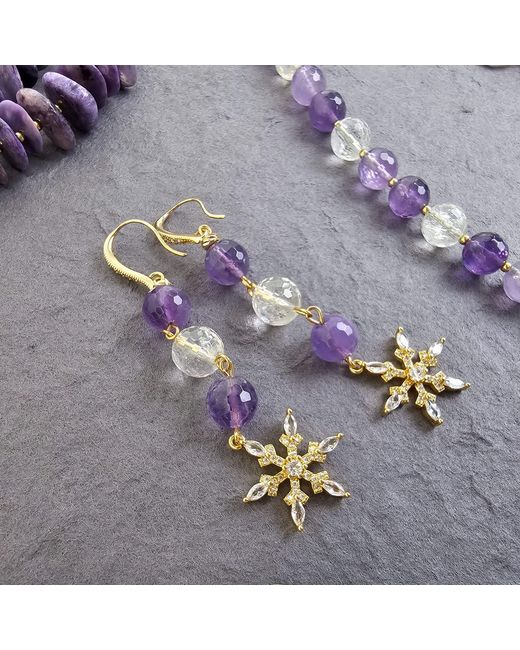 Farra Metallic Amethyst And Quartz With Snowflake Dangle Earrings