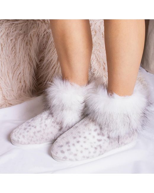 Pretty You London White Cosy Bootie Slipper Fern In Snow Leopard
