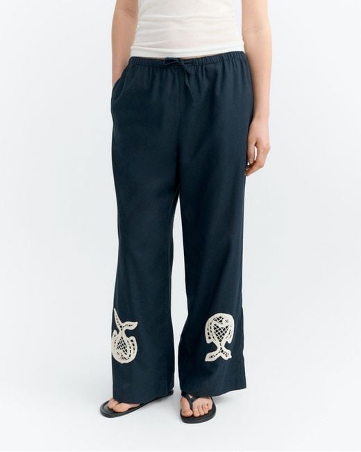 Thinking Mu Blue Fish Brigitte Hand-Embroidered Relaxed Pants