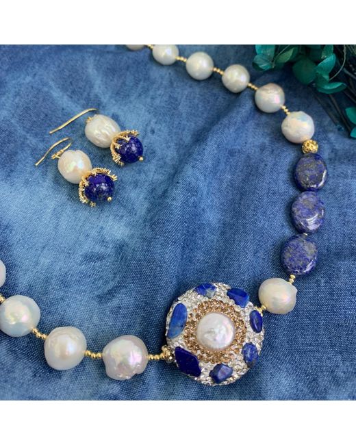 Farra Blue Irregular Pearls With Lapis Rhinestone Short Necklace
