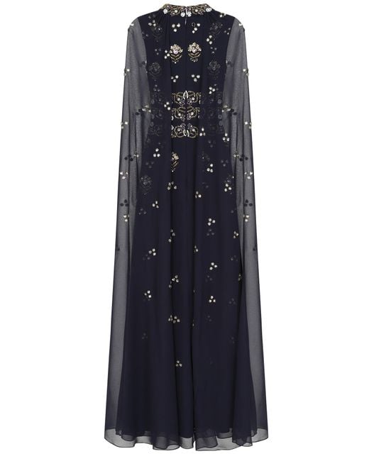 Frock and Frill Blue Zarna Embellished Maxi Dress With Cape Sleeves