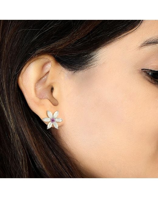 Artisan Multicolor 18k White Gold In Marquise Shape Rose Cut Diamond & Sapphire Flower Stud Earrings