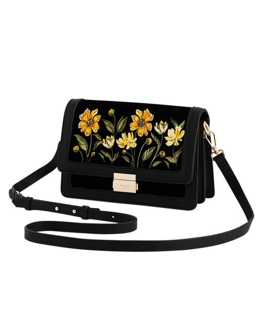 Fable England Black Botanical Velvet Embroidered Foldover Bag