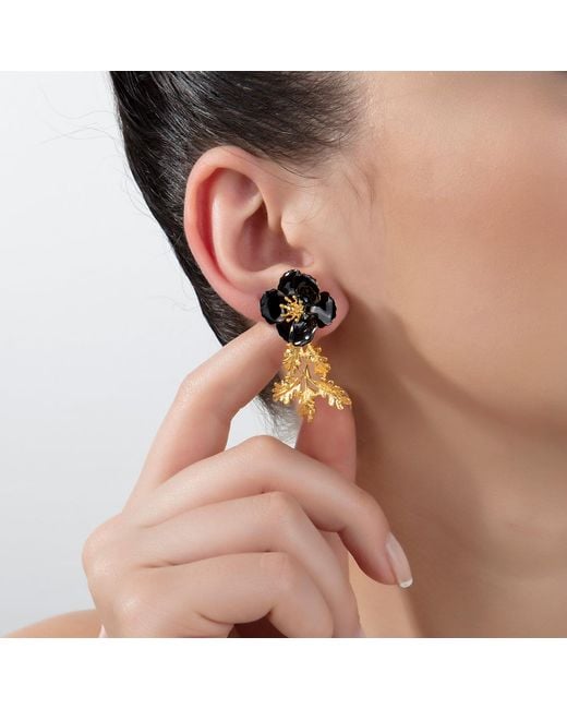 Milou Jewelry Black Leafy Blossom Flower Earrings
