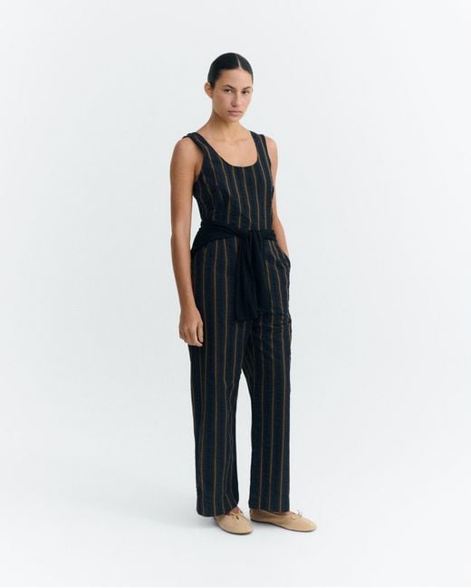 Thinking Mu Black Raflesia Striped Seersucker Jumpsuit