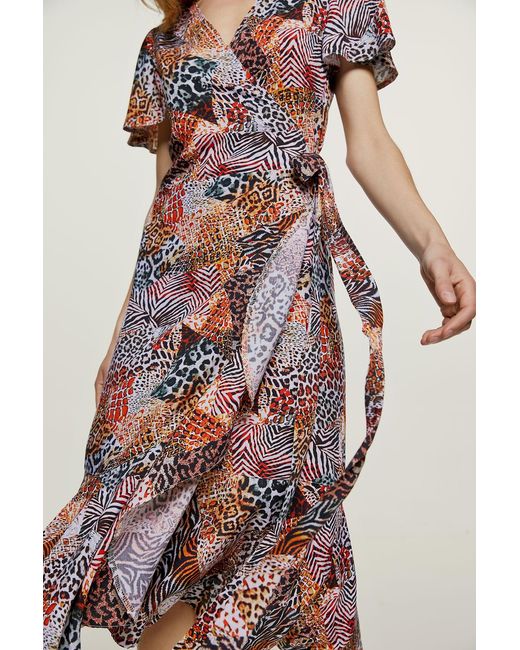 Conquista Orange Animal Print Ruffle Detail Wrap Dress