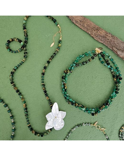 Farra Metallic Cube Tiger-Eye Stone With Giant Flower Shell Long Necklace