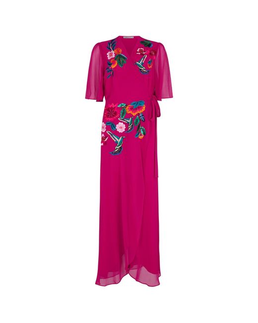 Hope & Ivy Pink The Constance Embellished Flutter Sleeve Maxi Wrap Dress With Tie Waist