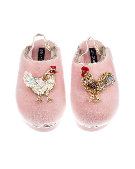 Laines London Pink Flatform Cloud Closed Toe Slippers With Chicken & Rooster Brooches