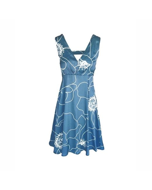 Haris Cotton Blue Neck Satin Sleeveless Dress With Back Horizontal Straps Peonies
