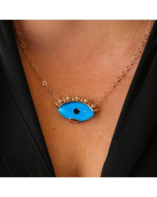 Ecce | Artisan Diamonds Blue 14K Solid Eye See You With Ball Eyelash Necklace