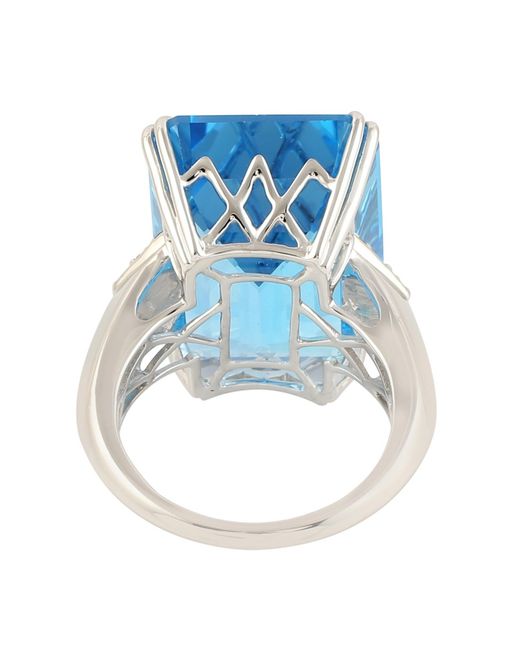 Artisan White Gold Natural Diamond Blue Topaz Cocktail Ring Handmade