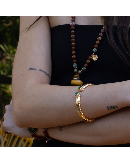 Ebru Jewelry Metallic Cleopatra Emerald Stone & Cuff Chunky Bracelet
