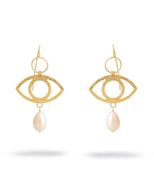 Ebru Jewelry Metallic Guardian Eye Pearl Dangle Earrings