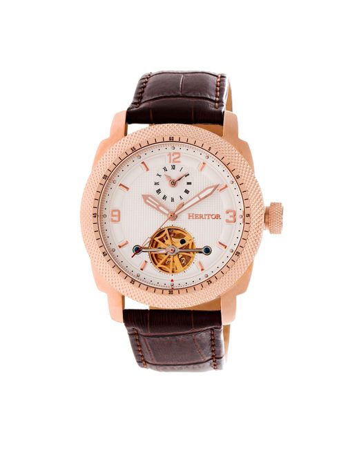 Heritor Pink Helmsley Semi-skeleton Leather-band Watch for men