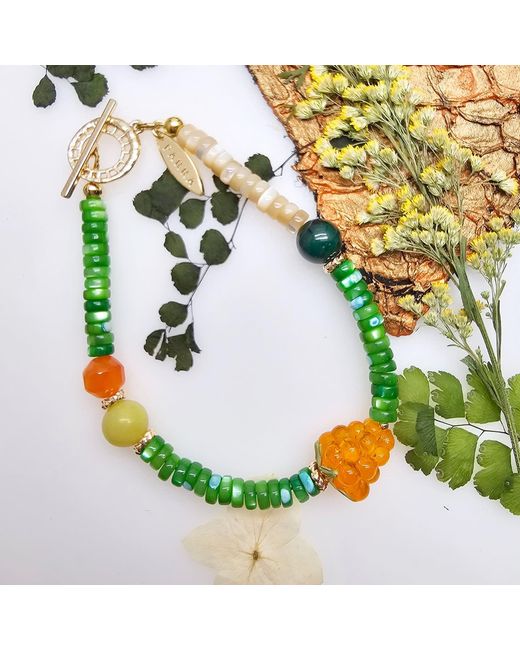 Farra Green Summer Garden Malachite & Agate Bracelet With Raspberry Charm