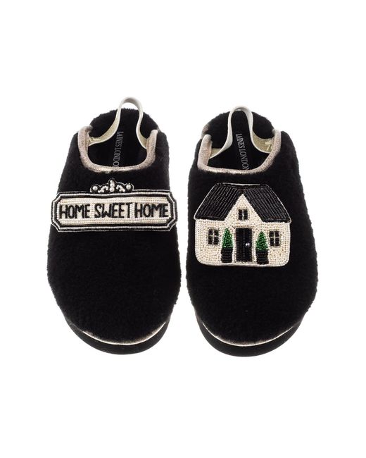 Laines London Black Flatform Cloud Slippers With Home Sweet Home Brooches
