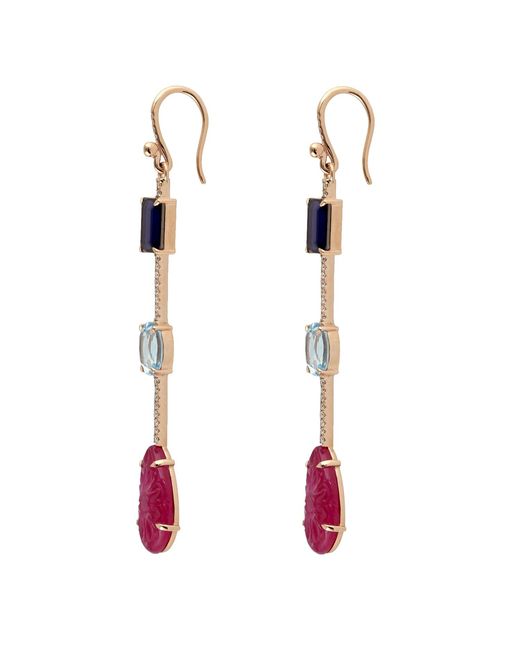 Artisan Pink Carved Ruby, Topaz & Iolite Diamond Drop Earrings