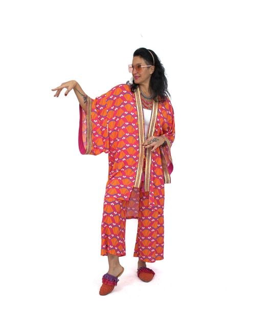 Lalipop Design Red Multi-Color Abstract Viscose Kimono Embellished With Golden Embroidery Details