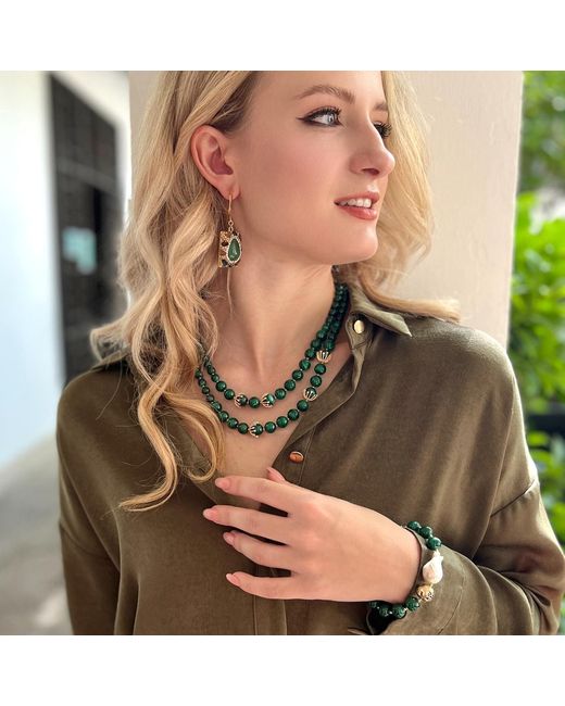 Farra Green Christmas Malachite With Baroque Pearl Adjustable Bracelet