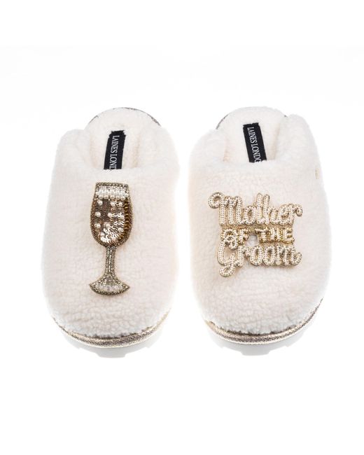 Laines London White Neutrals Teddy Closed Toe Slippers With Mother Of The Groom Brooches