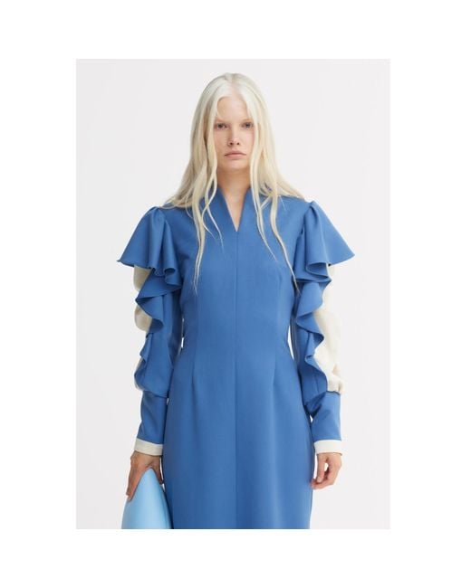 Julia Allert Blue Occasion Midi Dress With Ruffled Sleeves
