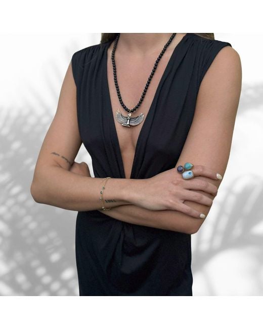 Ebru Jewelry Metallic Magical Goddess Isis Pendant Onyx Stone Beaded Necklace