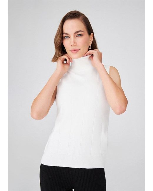 Peraluna White Slim Fit Sleeveless Turtle-Neck Blouse