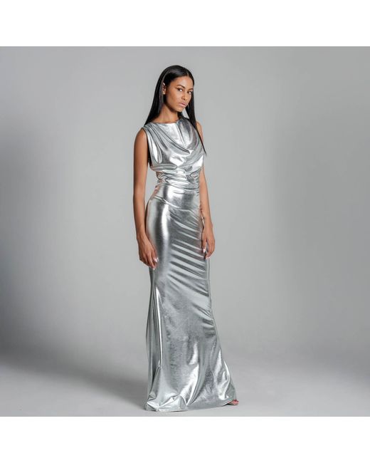Imaatu Gray Oshun Glam Maxi Dress – Sculpting Faux Leather & Jersey Lining