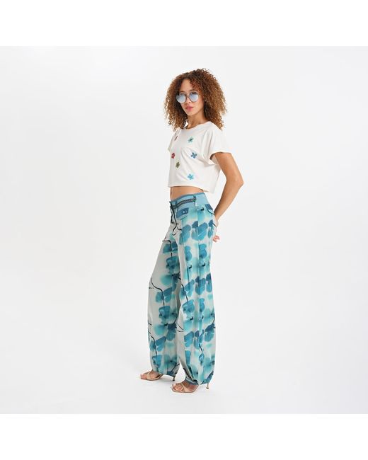Lalipop Design Blue Stylised Floral Wide-Leg Pants