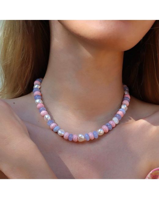 Mineralgems•Studio Pink Candy Necklace With Coral, Chalcedony, And Pearls