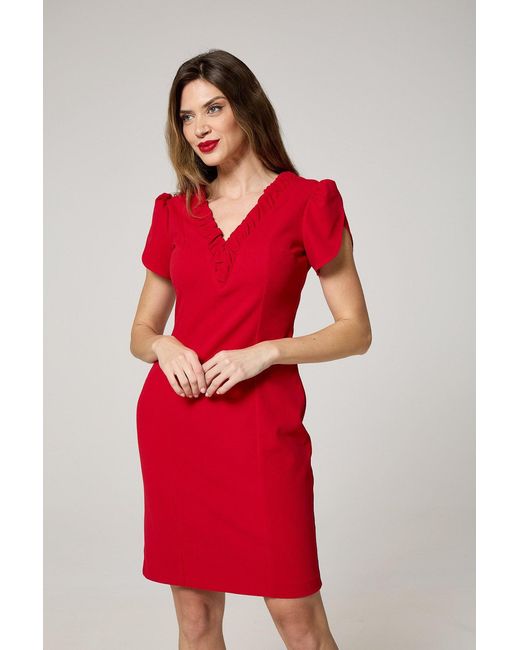 K-Win London Red Elegant Ruffle V-Neck Dress
