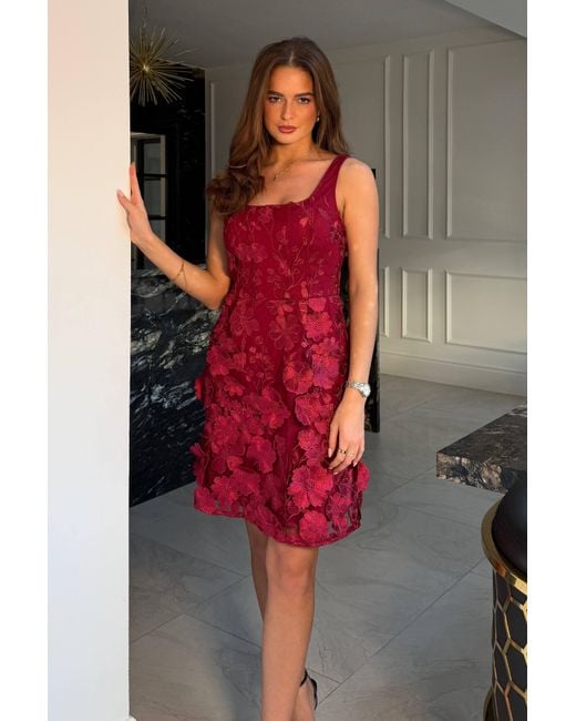 Girl In Mind Red Celeste Floral Square Neck Mini Dress Berry